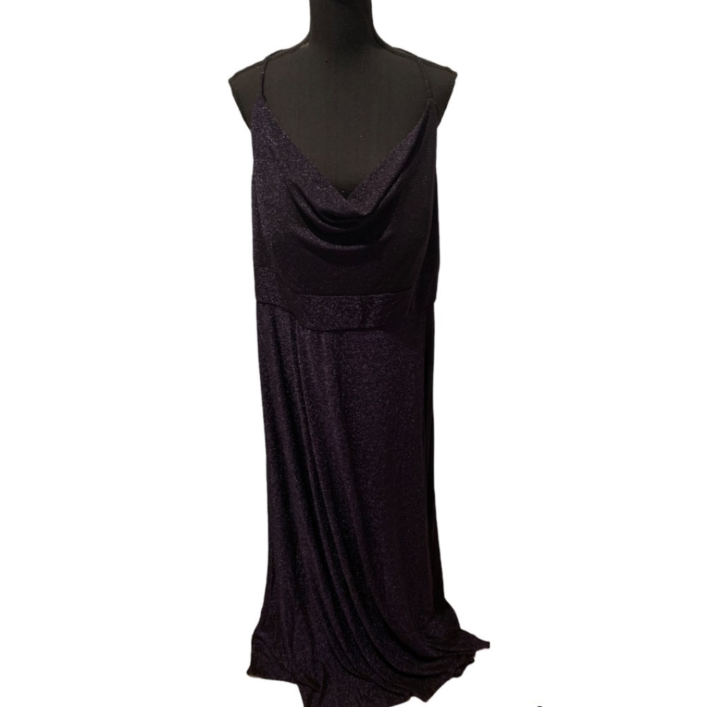 DB Studios Metallic Cowl Neck Dress with Lace Up Back Navy Size 18 NWT